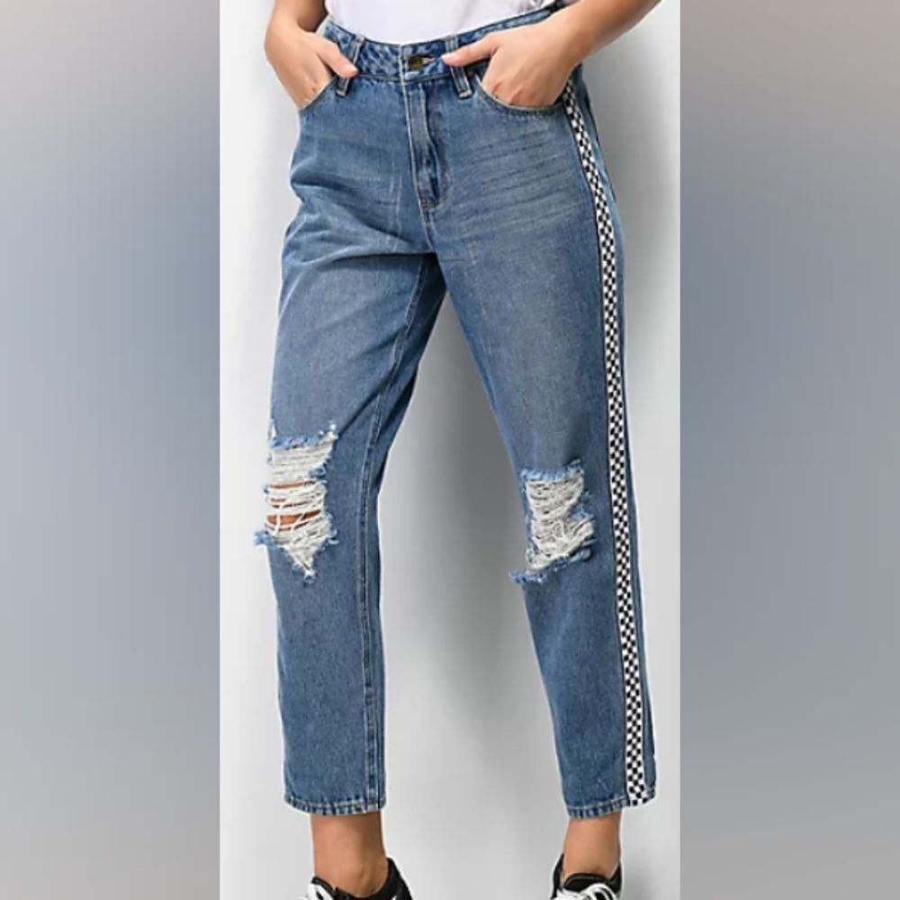 Empyre Eileen Mom Jeans Distressed with Checkered Striping Size 7 - Picture 14 of 16
